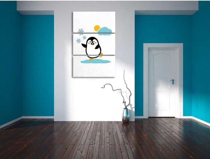 Süsser Pinguin auf EIS als Leinwandbild/Grösse: 3 Teilig (120x80) cm/Wandbild/Kunstdruck/fertig besp