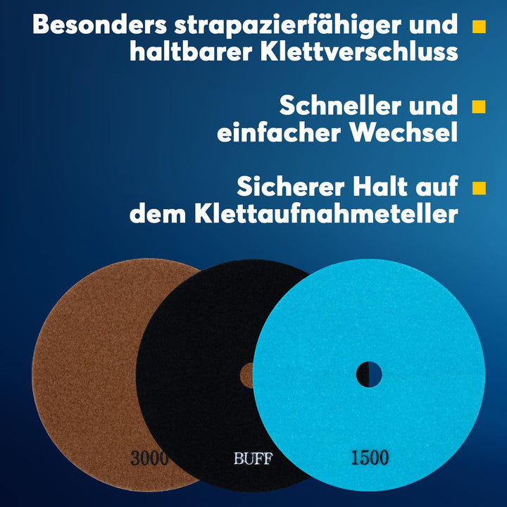 Profi Diamant-Schleifpads Spar-Set für Trockenschliff von EDW, Ø100 mm, Körnung: 1500 + 3000 + Polie