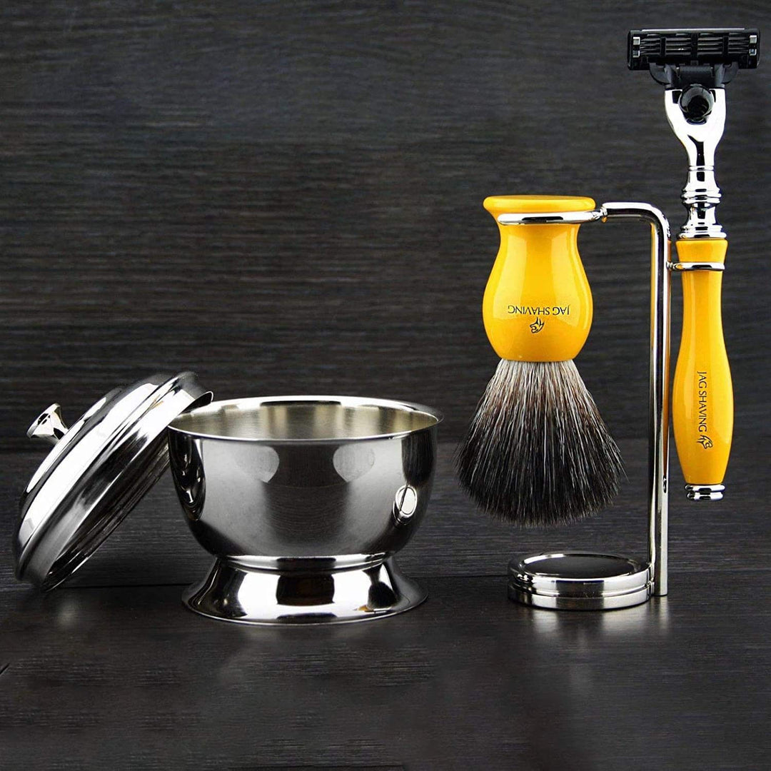 Jag Shaving Yellow Herren Rasierset 3 Edge Rasiermesser, Rasierpinsel, Rasierständer und Rasierschal