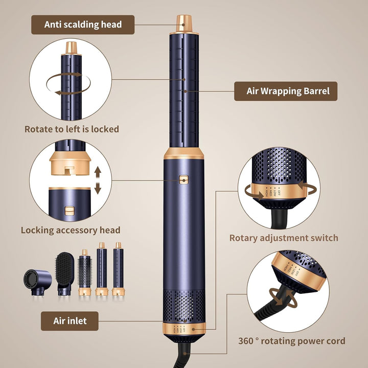 UKLISS Airstyler 5 in 1, Hairstyler & Föhn mit Aufsätzen: Airluft Lockenstab, Rundbürstenföhn, Warml
