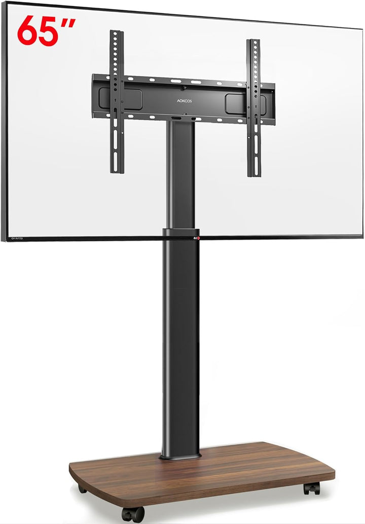 AOKCOS TV Ständer Rollbar mit Holzablage, Fernsehständer auf Rollen für 32-65 Zoll Fernseher, TV Bod