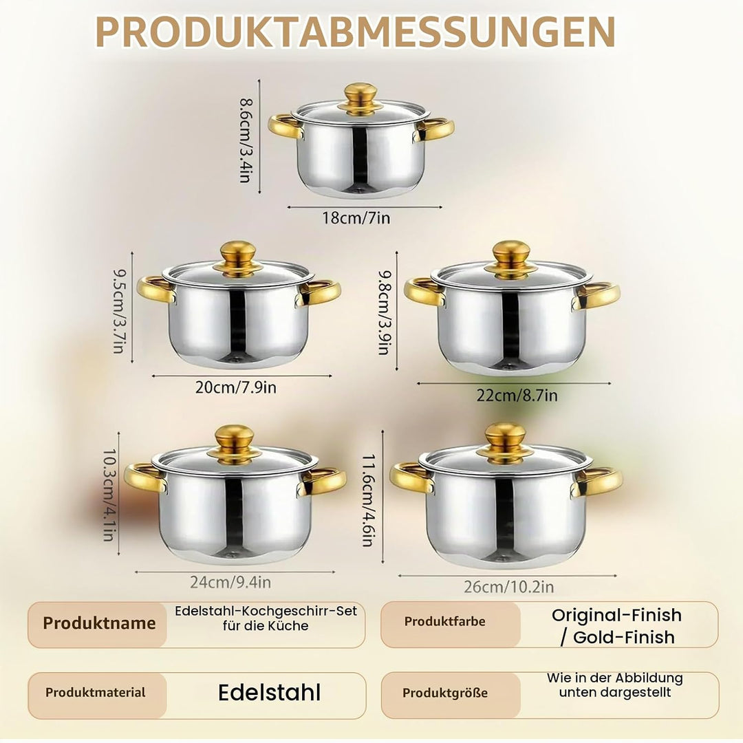 Topfset aus Edelstahl,10-teilig Töpfe Set mit Glasdeckel und Stielkasserolle,Grosses Kochgeschirr In