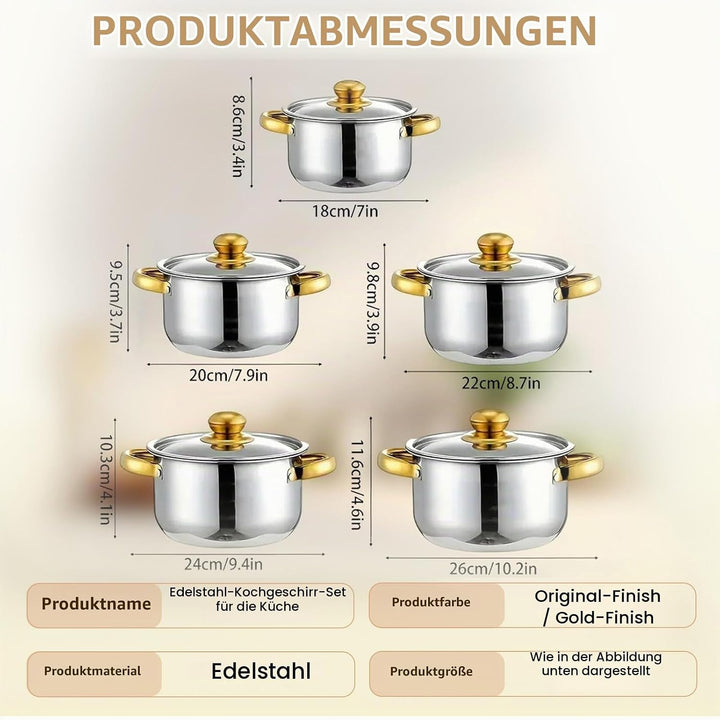 Topfset aus Edelstahl,10-teilig Töpfe Set mit Glasdeckel und Stielkasserolle,Grosses Kochgeschirr In