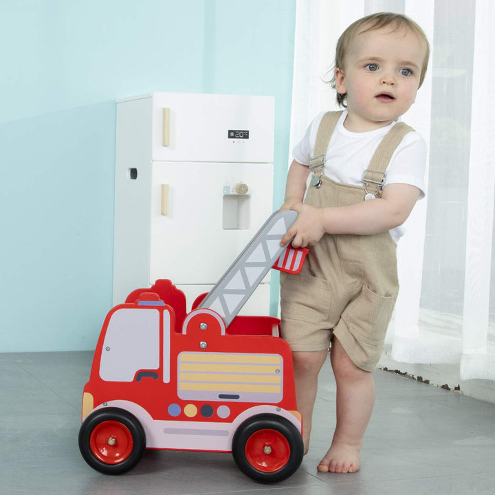 labebe Rot Feuerwehrauto Lauflernwagen Holz Baby Push Pull Lauflernhilfe Spielzeug mit Rädern für Ju