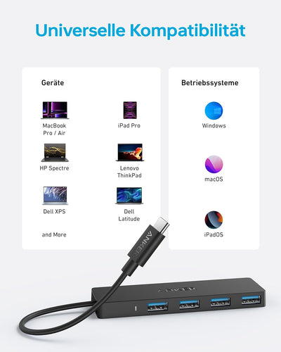 Anker USB-C Hub, 4 Port USB 3.0 Datenhub mit 5 Gbit/s Datenübertragung, 20cm Erweiterungskabel (ohne