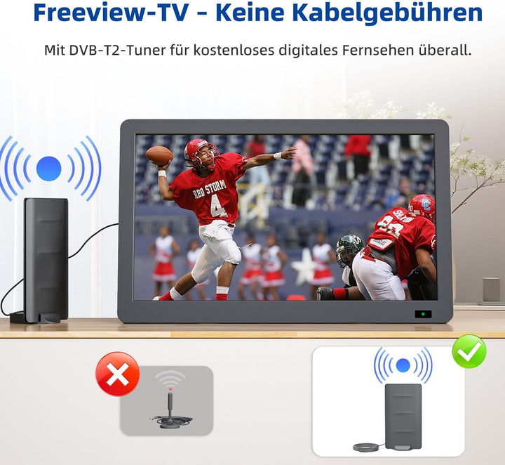 DESOBRY Tragbarer 14.3-Zoll-Fernseher mit Antenne, Kleiner tragbarer Fernseher mit DVB-T2 Tuner, Min