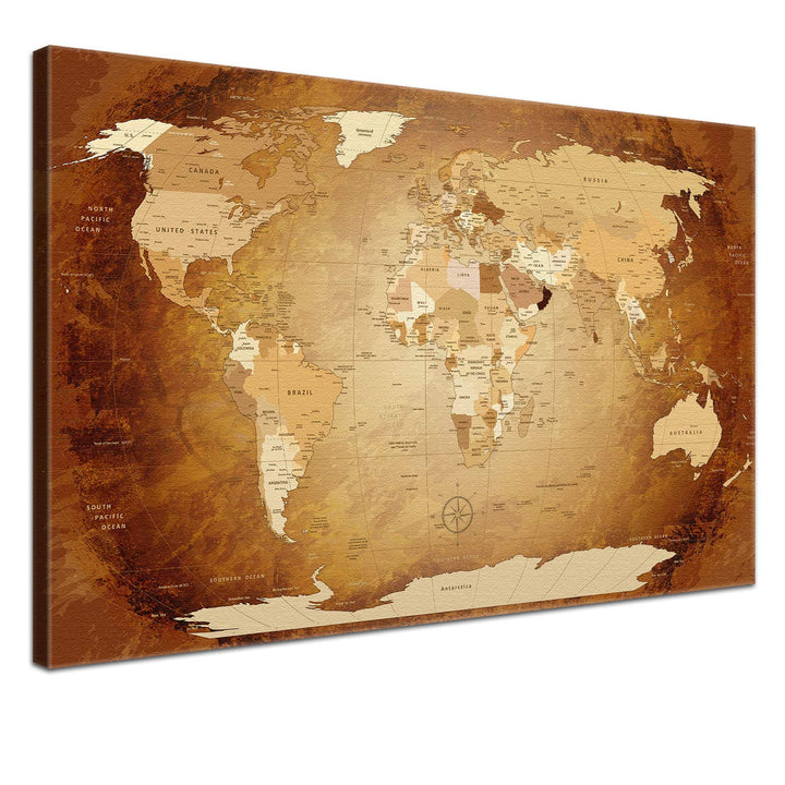 LanaKK - Weltkarte Leinwandbild „Worldmap Braun Colorful” - englisch - Kunstdruck-Pinnwand auf Echth