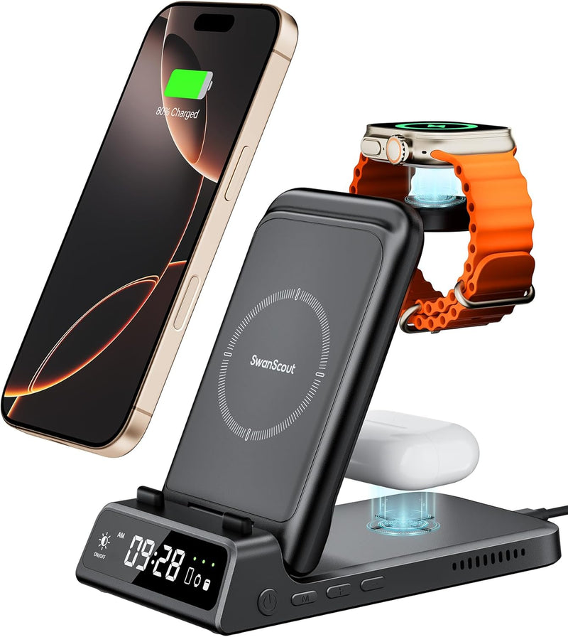 SwanScout Induktive Ladestation für Apple, 4 in 1 Faltbares Wireless Charger für i Phone 15/14/13/12