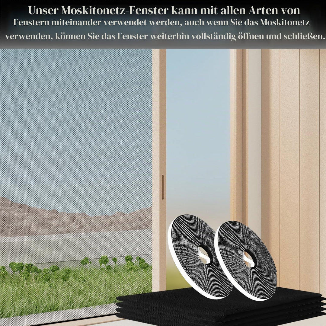 Moskitonetze für Fenster, 6 Stück Fliegengitter für Fenster, mit 6 Rollen Selbstklebeband, Mückensch