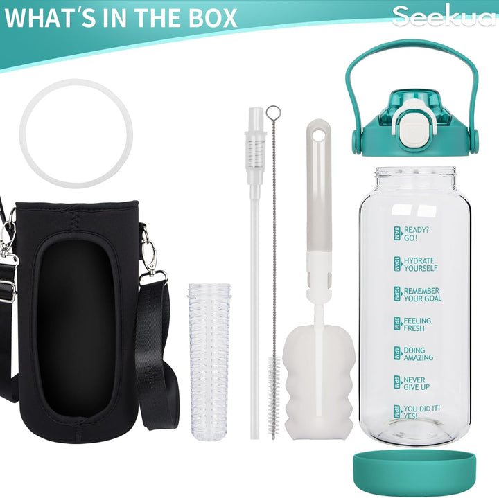 Seekua 2l Trinkflasche Glas Flasche mit Strohhalm & Zeitmarkierung, 2 liter Wasserflasche mit Frücht