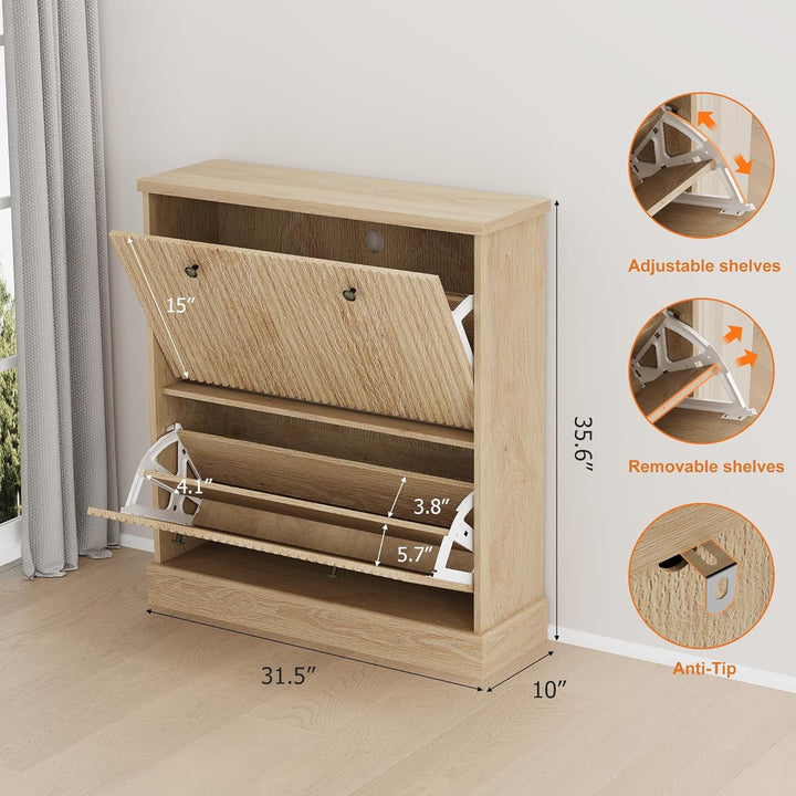 GarveeHome Schuhschrank Mit 2 Geriffelten Klapptüren, Flurschrank Mit Metallgriffen, Schuhablage Mit