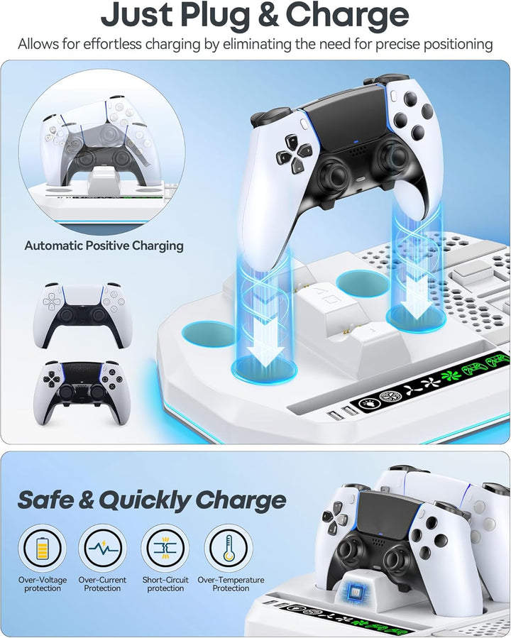 PS5 Standfuss mit 3 Stufen Lüfter und PS5 Controller Ladestation für PS5/PS5 Slim Konsole, PS5 Ständ