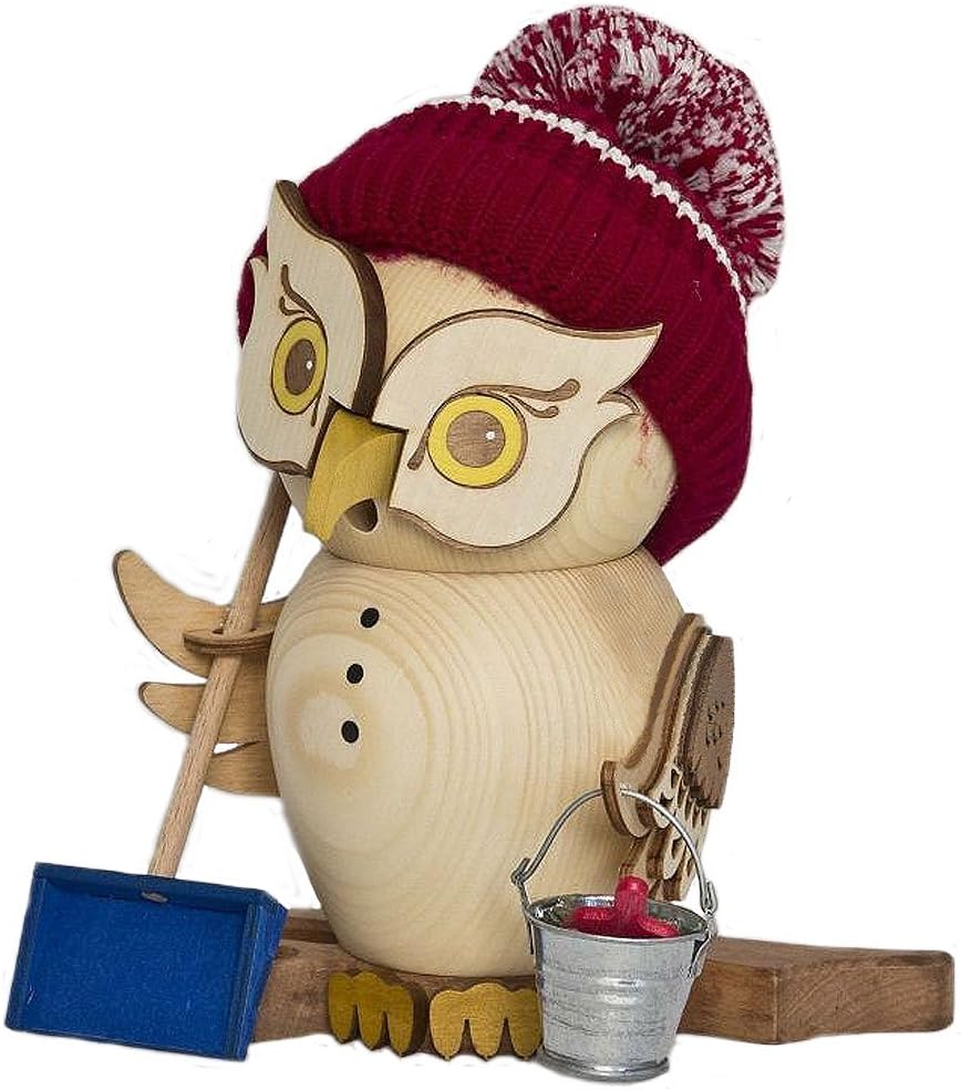 Räuchermann Eule Schneefeger von DREGENO SEIFFEN 19 cm – Original erzgebirgische Handarbeit, stimmun