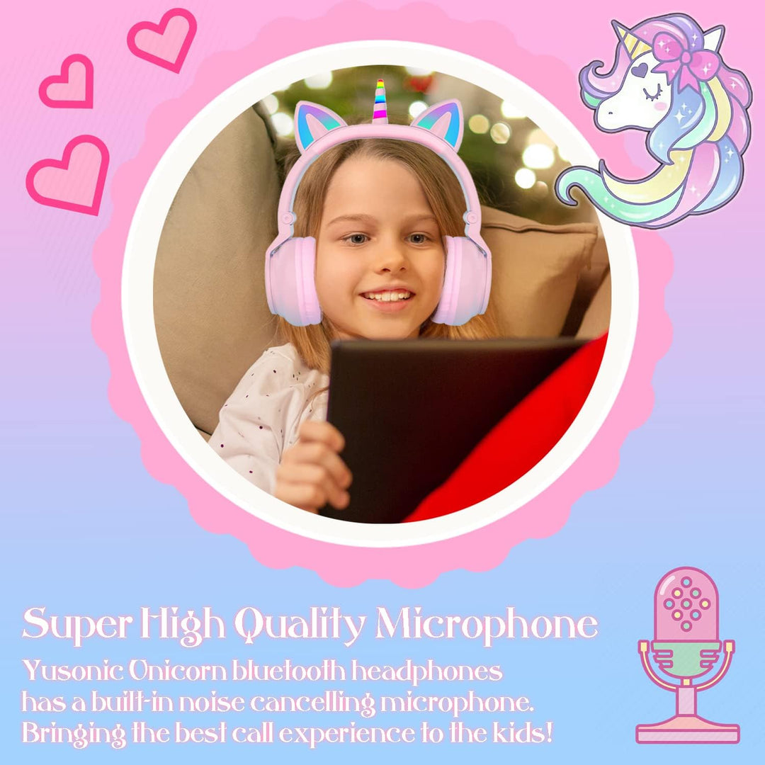Einhorn Kopfhörer Bluetooth, Kabellos Over-Ear Headset mit LED-Beleuchtung, Stereo Sound, Mikrofon.
