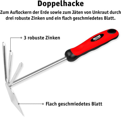 WALTER Gartenwerkzeug Set 5-TLG., Stiel mit einfachem Aufhängeloch, langlebiger Kopf aus rostfreiem