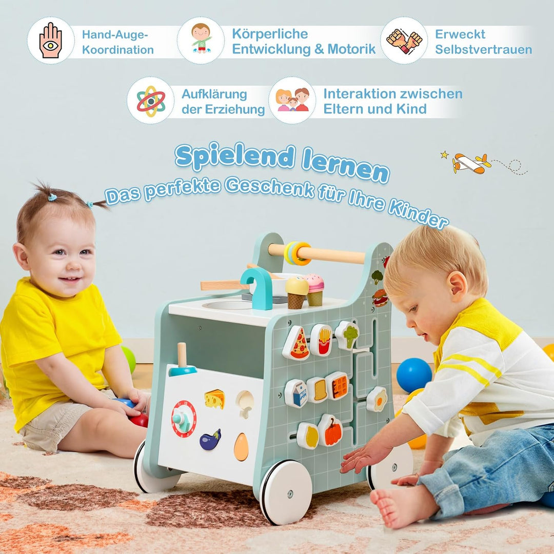COSTWAY 6 in 1 Lauflernwagen aus Holz, Lauflernhilfe mit Spielküche, Lernuhr, Formanpassung & bewegl