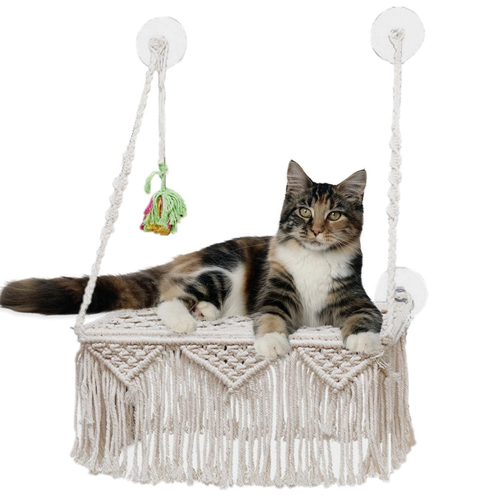 Boho Katzenfensterbett, Katzenstange für Hauskatzen mit Saugnapf, Katzen-Fensterbett mit gewebter Qu