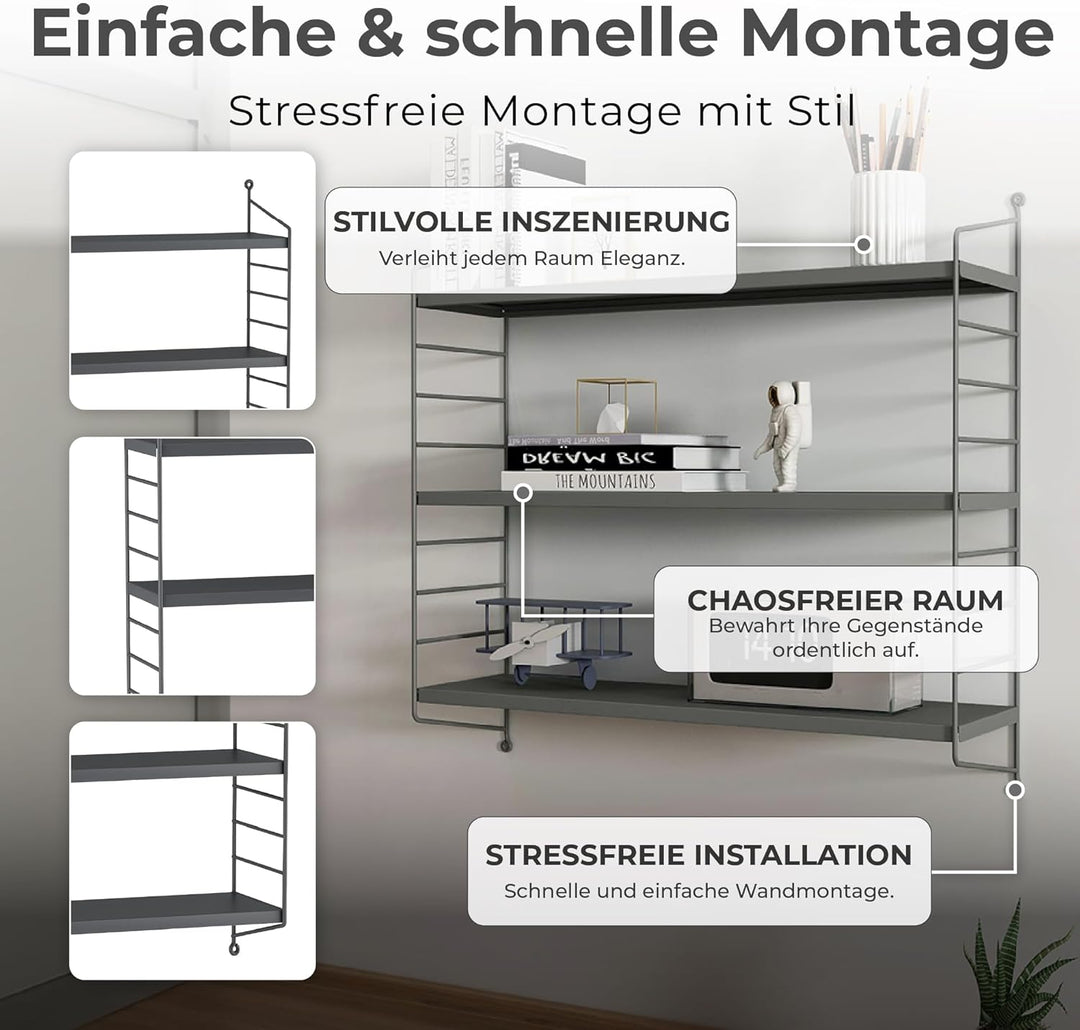 [en.casa] Modulares Wandregal Strängnäs Metallregal Dunkelgrau Hängeregal mit 3 Regalböden Badregal