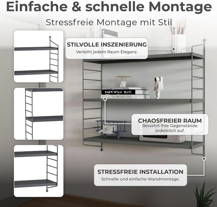 [en.casa] Modulares Wandregal Strängnäs Metallregal Dunkelgrau Hängeregal mit 3 Regalböden Badregal