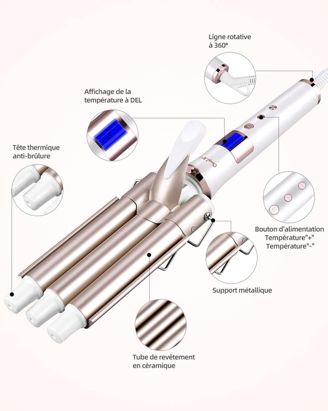 Lockenstab mit 3 Heizstäben (Halterung aus Metall + 1,7 m Kabel, 360° drehbar + Spannung: 110 – 220