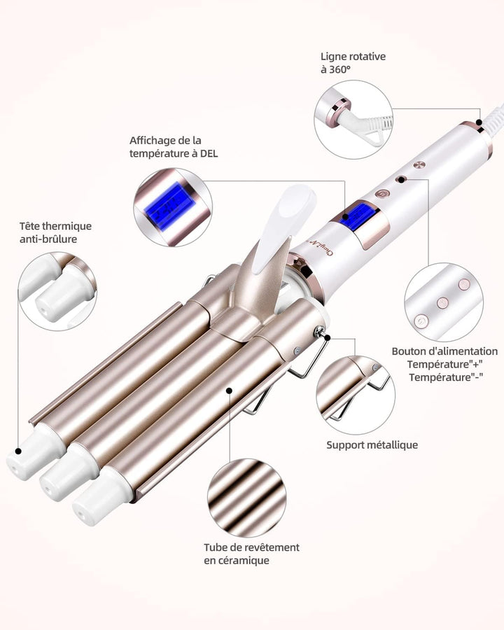 Lockenstab mit 3 Heizstäben (Halterung aus Metall + 1,7 m Kabel, 360° drehbar + Spannung: 110 – 220