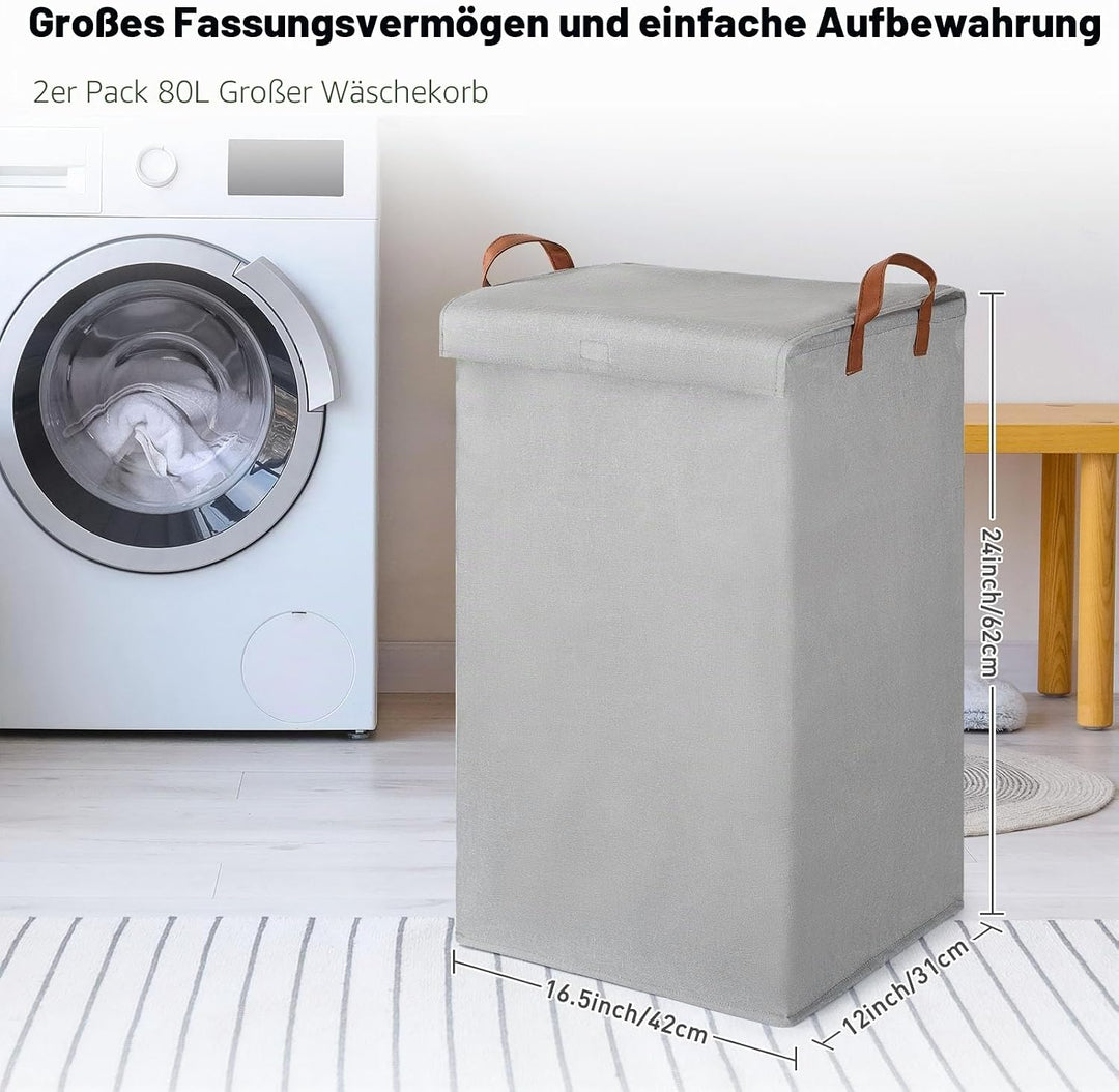 2er-Pack 80L Grosse Wäschekörbe für Wäsche mit Deckel, Faltbare Wäschekorb-Aufbewahrungslösungen mit