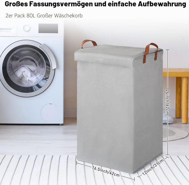 2er-Pack 80L Grosse Wäschekörbe für Wäsche mit Deckel, Faltbare Wäschekorb-Aufbewahrungslösungen mit