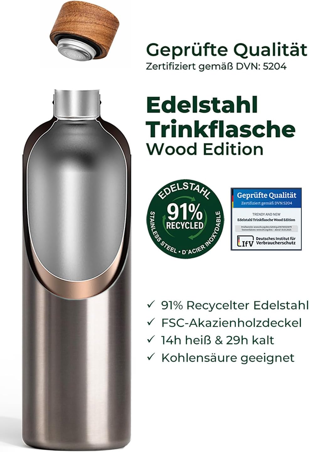 T&amp;N Edelstahl Trinkflasche 750ml, Thermosflasche 0.75l mit Akazienholz Deckel, Isolierte Wasserflasc
