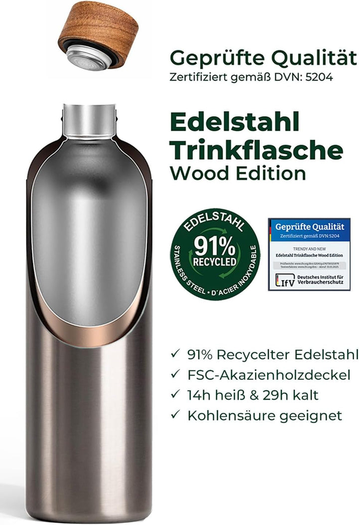 T&amp;N Edelstahl Trinkflasche 750ml, Thermosflasche 0.75l mit Akazienholz Deckel, Isolierte Wasserflasc