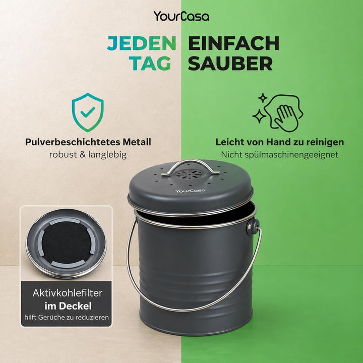 YourCasa Biomülleimer Küche 4L aus Metall [Kora] - geruchsdichter Bio Mülleimer mit Deckel &amp; Aktivko