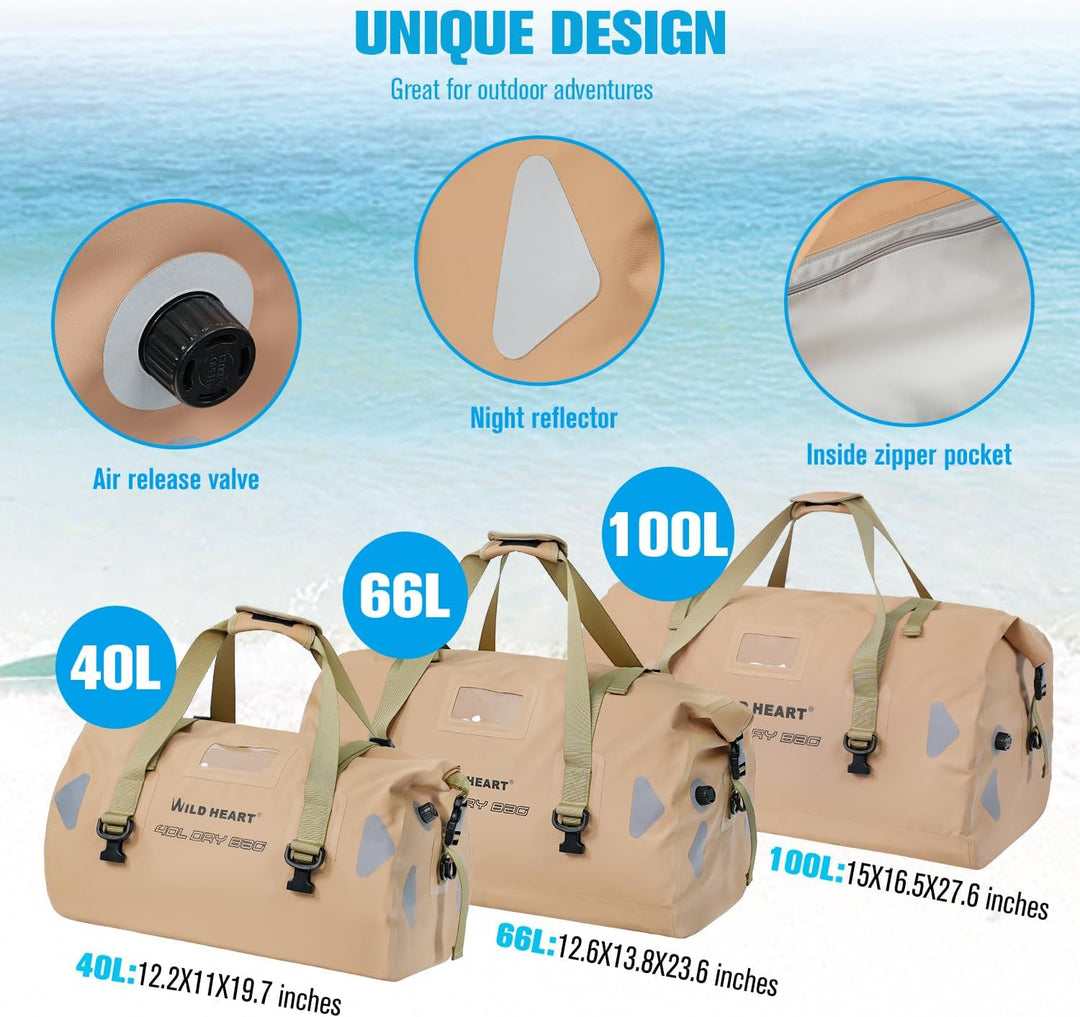 WILD HEART wasserdichte Reisetasche, 40 l 66 l, 100 l, mit verschweissten Nähten, Schultergurten, Ne