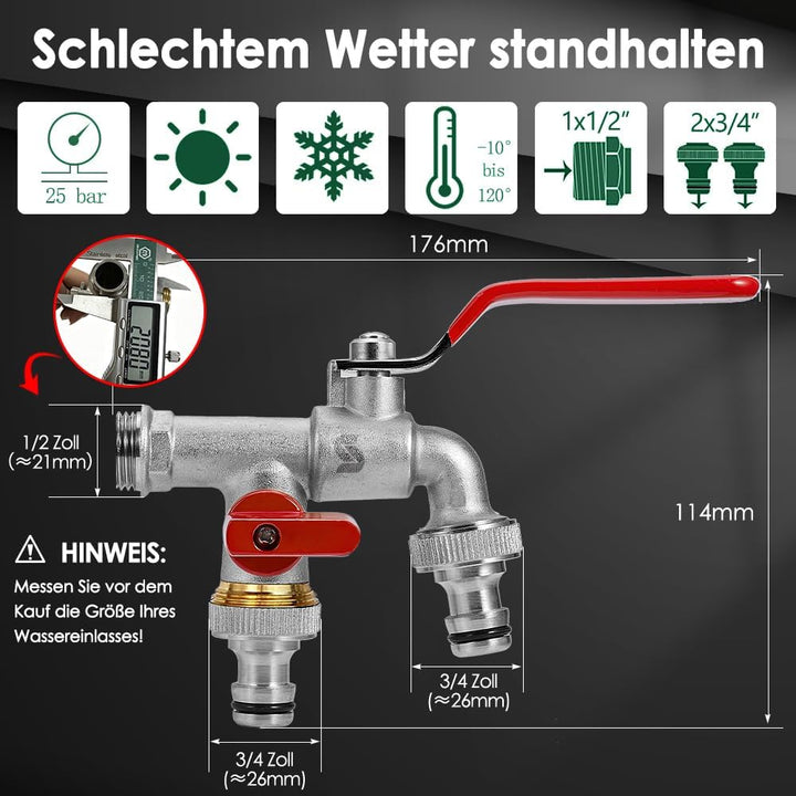 SPGOOD Premium Garten Wasserhahn, 1/2 Doppel Messing Wasserhahn Rost- + mit 2 Schlauchanschlüsse + 1