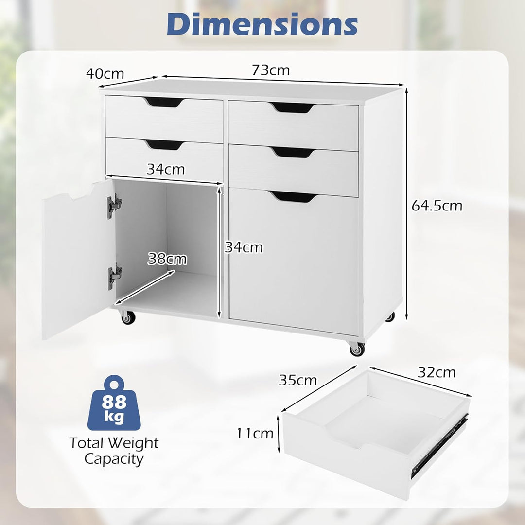 GIANTEX Rollcontainer mit 4 Schubladen & 2 Schränke, Aktenschrank mit Rollen, Schubladenschrank Holz