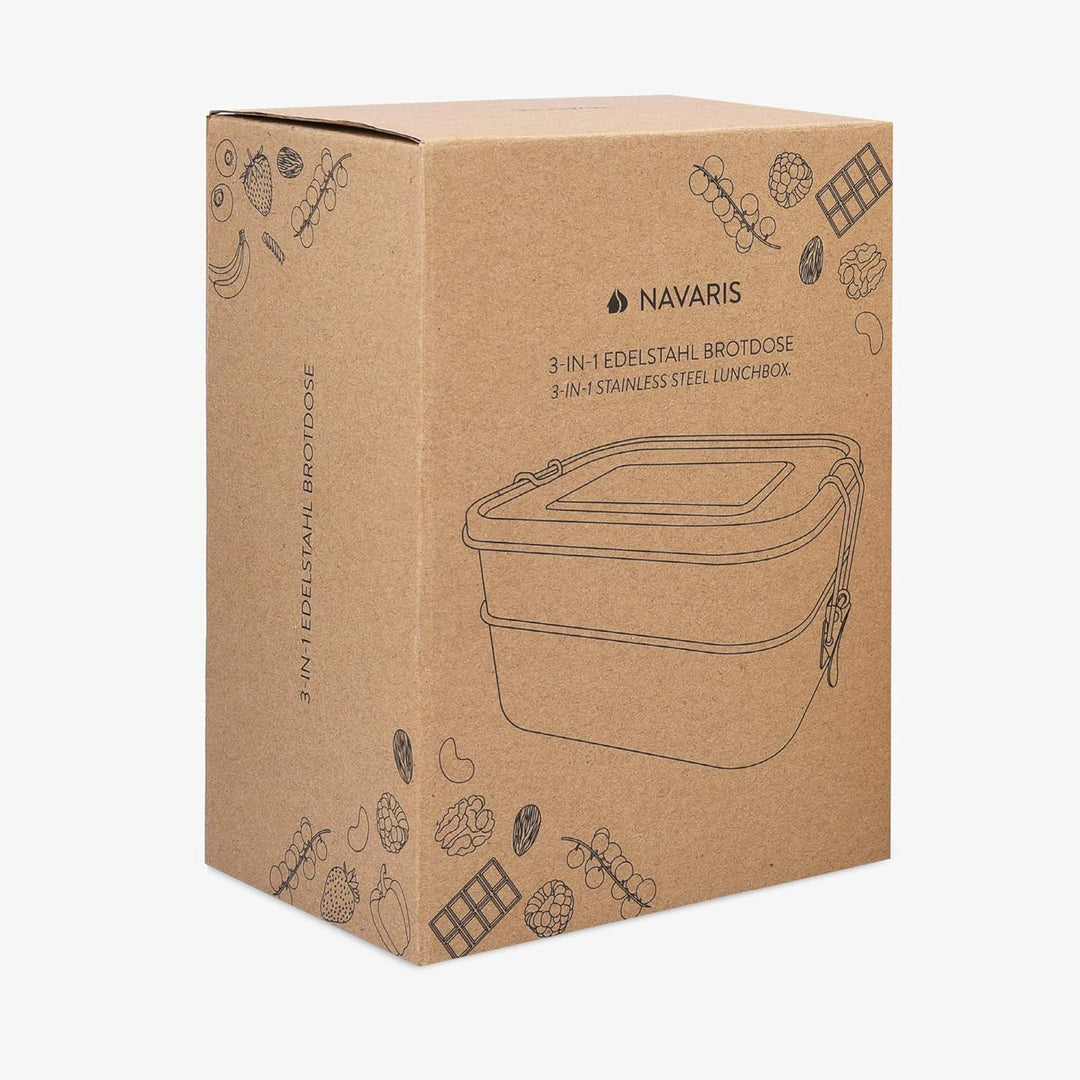 Navaris Brotdosen Set 3-teilig - Doppeldecker Lunch Box aus Edelstahl inkl. Mini Behälter - Doppel B