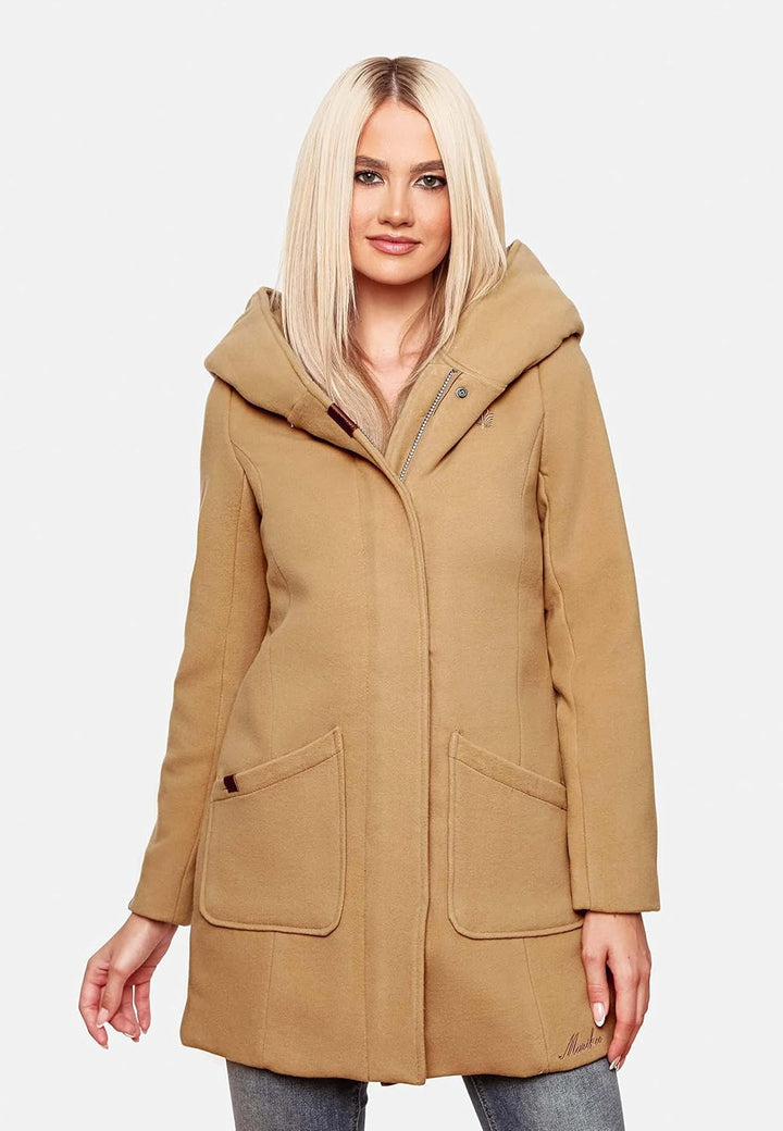 MARIKOO Damen Mantel in Wollmantel-Optik Warmer Trenchcoat mit Kapuze Maikoo XS-5XL L Braun, L Braun