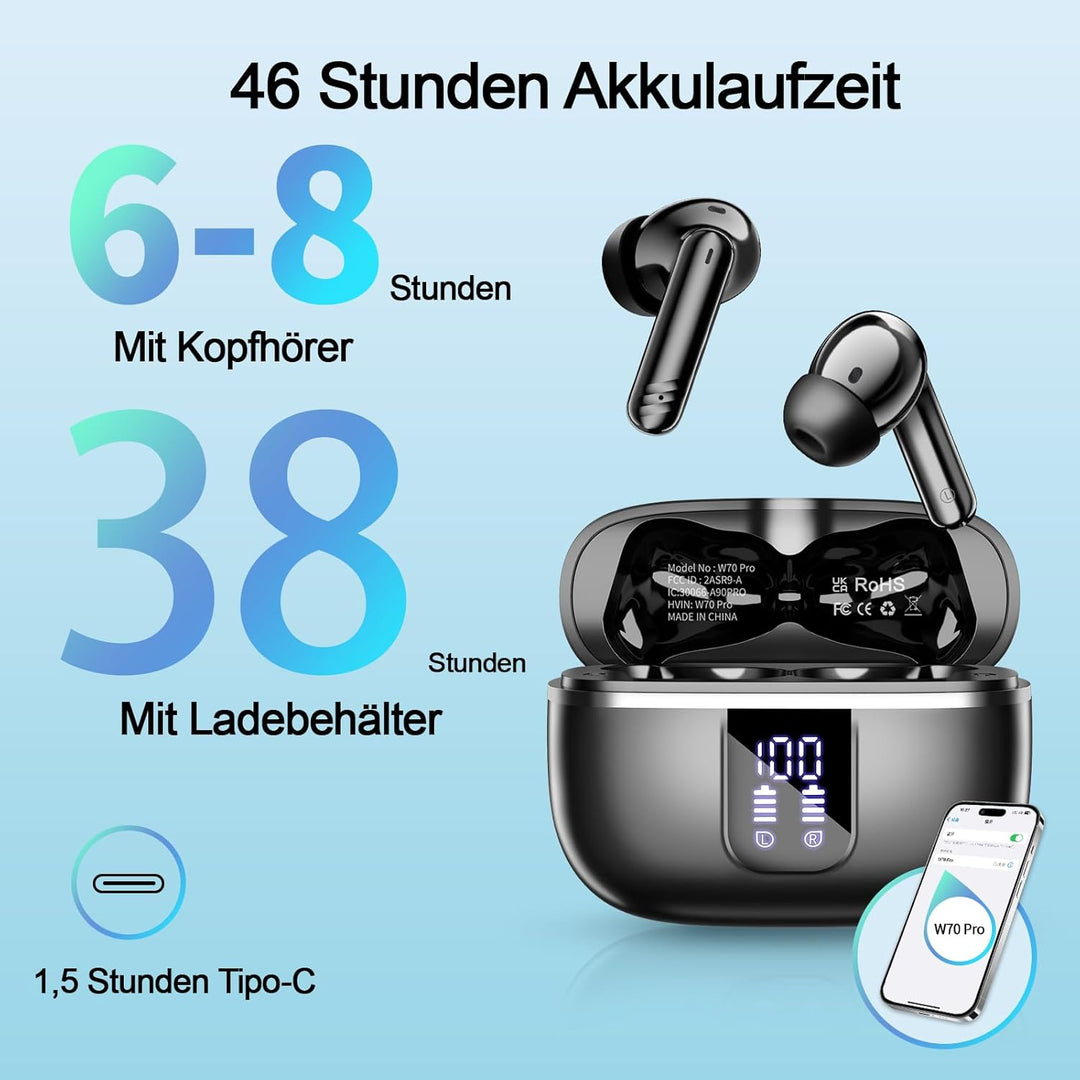 Bluetooth Kopfhörer In Ear, Kabellose Kopfhörer Bluetooth 5.4 mit 4 ENC Mikrofonen, 46 Std Spielzeit