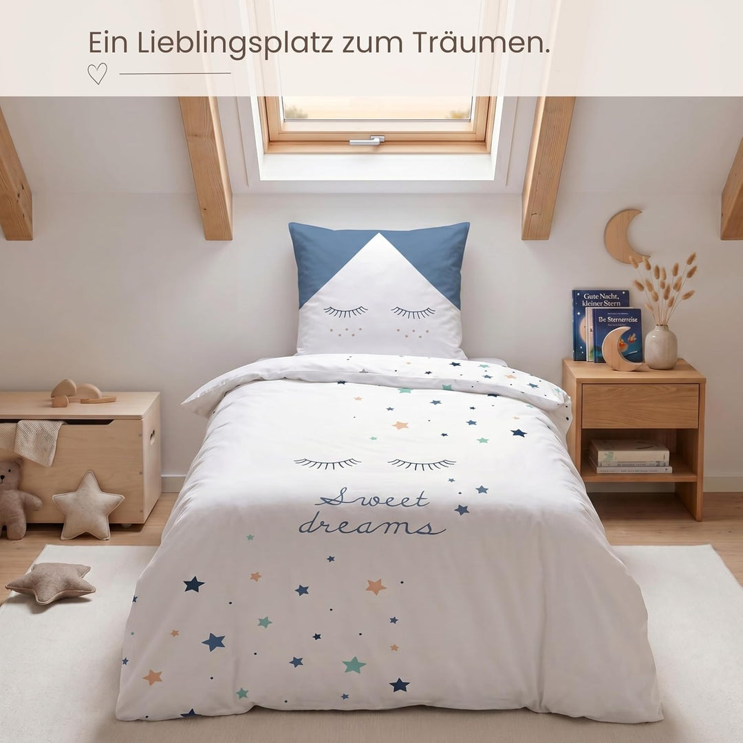 Sterne Mädchen-Bettwäsche Set · Kinderbettwäsche Sweet Dreams · Wende Motiv Wimpern · 2 teilig - Kis