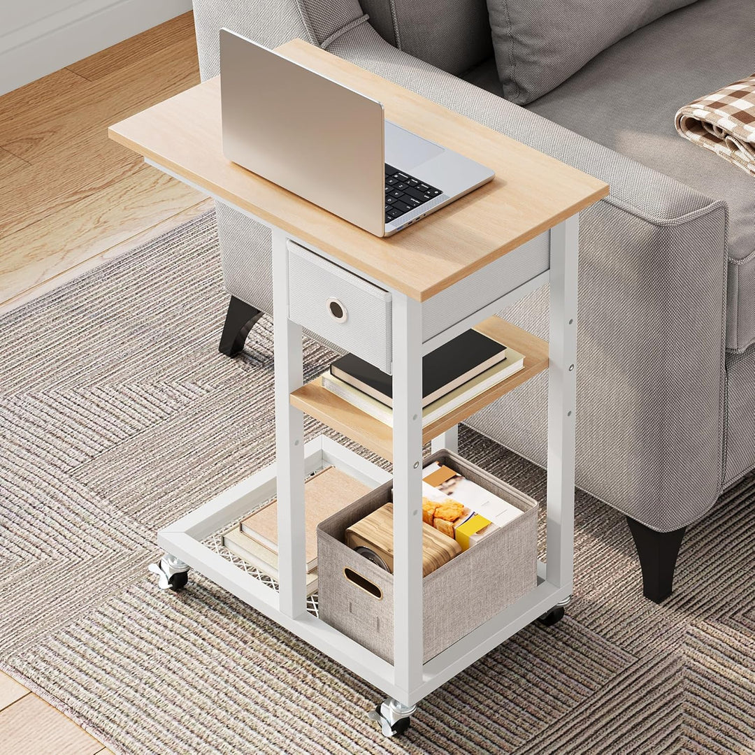 YITAHOME Beistelltisch, C-Form Sofatisch mit Rollen und Schublade，Wohnzimmertisch für Kaffee und Lap