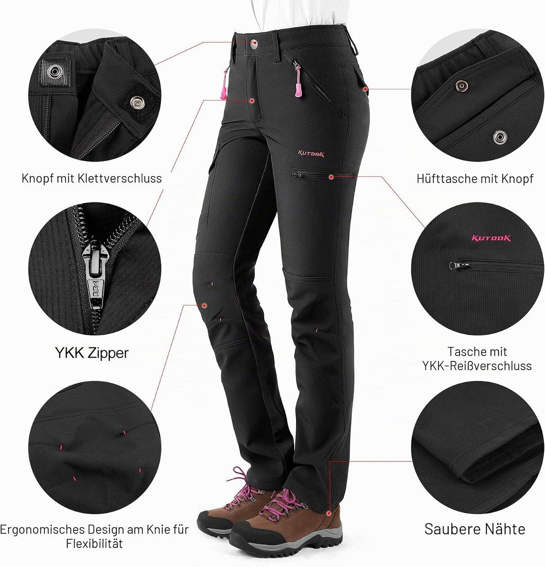 KUTOOK Wanderhose Damen Winter Gefüttert Warm Wasserabweisend Winddicht Outdoorhose 6 Taschen YKK Re