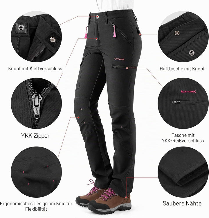 KUTOOK Wanderhose Damen Winter Gefüttert Warm Wasserabweisend Winddicht Outdoorhose 6 Taschen YKK Re