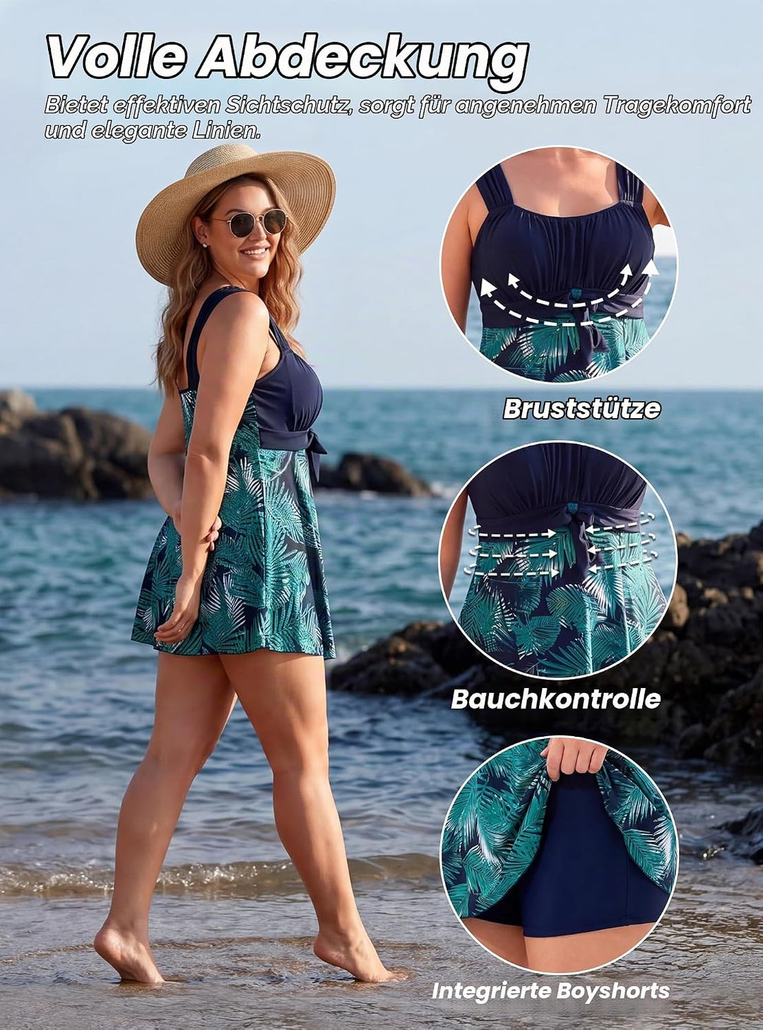 Wantdo Damen Badeanzüge Sommer Bauchweg Tankini Bademode mit Bügel Badekleid Einteiler Schlanke Stra