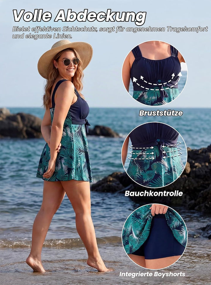 Wantdo Damen Badeanzüge Sommer Bauchweg Tankini Bademode mit Bügel Badekleid Einteiler Schlanke Stra