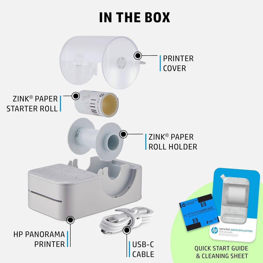 Tragbarer HP Sprocket Panorama-Sofortfarbdrucker (weiss) 2 x 0,5 bis 9 Zoll Zink-Klebepapier – Erste