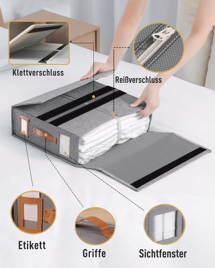 6er Set Bettwäsche Organizer Box - Faltbare Aufbewahrungsbox Bettwäsche mit Sichtfenster & Etikett,