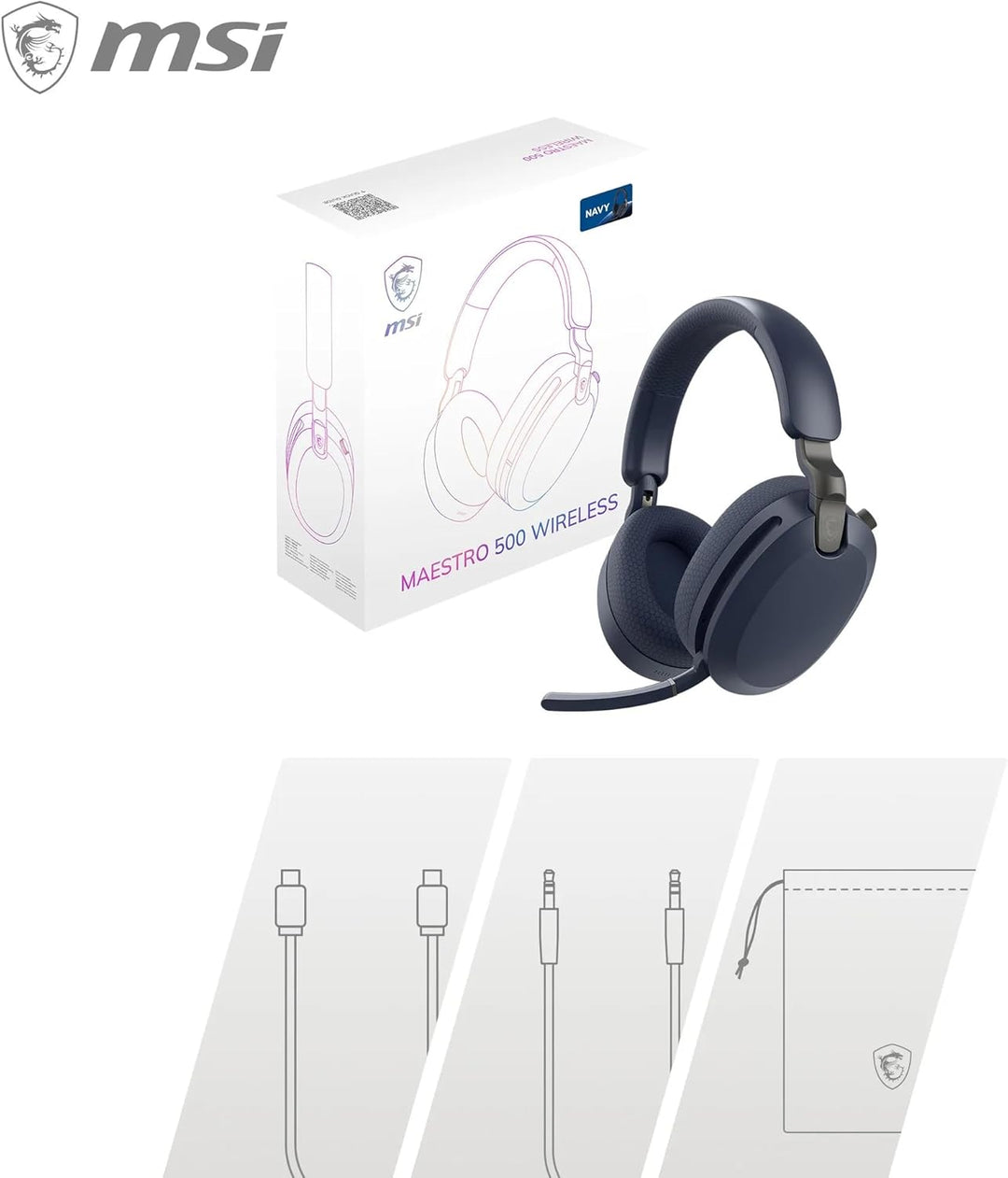 MSI Maestro 500 Wireless Navy Headset, aktive Geräuschunterdrückung, Transparenzmodus, 2,4 GHz, Blue