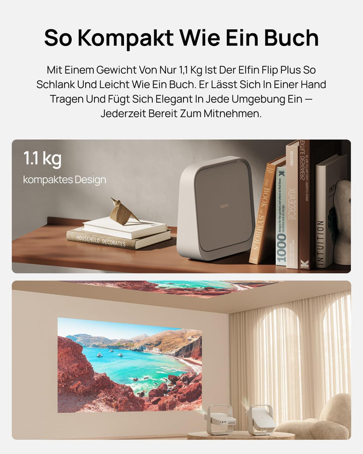 XGIMI Elfin Flip Plus Tragbarer Beamer, 500 ISO Lumen, 1080P, Google TV mit Lizenziertem Netflix, In