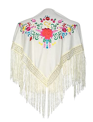 La Señorita Spanischer Manton - Tuch - Umschlagtuch - weiss mit Blumen - Grösse S