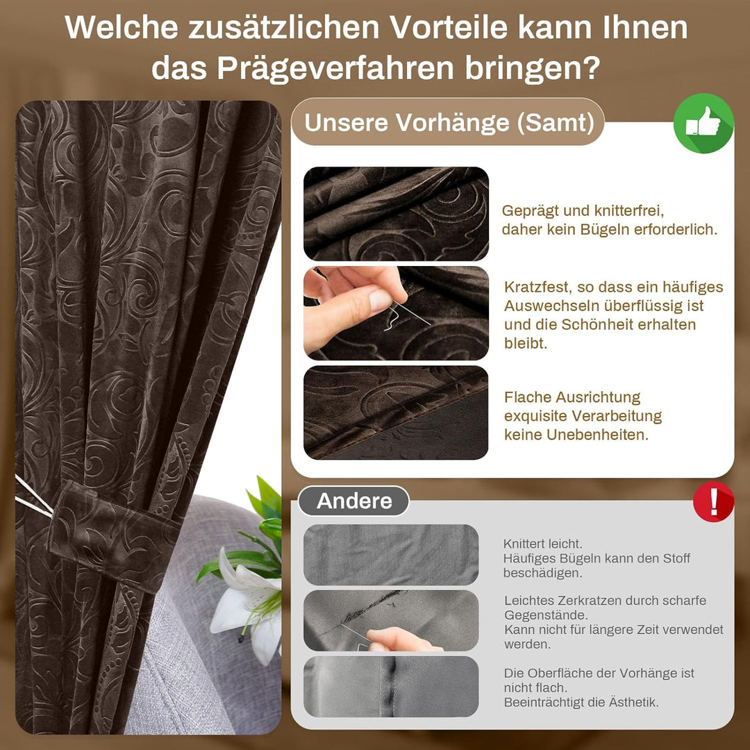Rosnek 2 Stück übergardinen mit kräuselband,H225xB132CM Luxus Vorhang Samt Gardinen Blickdicht Therm