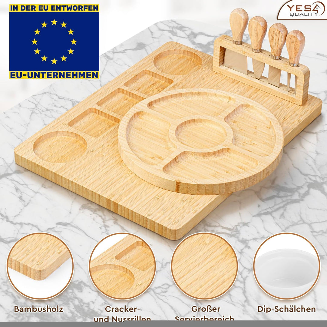 Charcuterie Boards Premium Geschenkset – 15-teilig, Bambus – grosses Käsebrett plus Obsttablett als