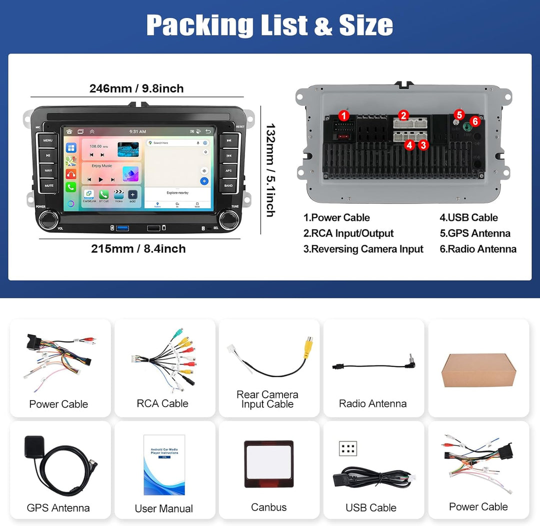 CAMECHO 8-Core 4+64G Android 13 Autoradio für VW Golf 5 6 Polo Tiguan Caddy Skoda Passat mit Carplay